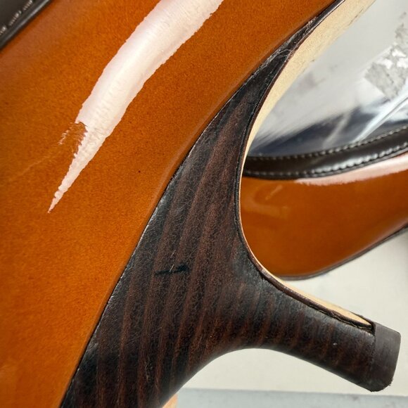 Tory Burch Angle Pointed Toe Pumps Patent Leather Tan Chocolate Size 8M Preppy - Picture 10 of 13